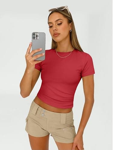 AUTOMET Women's 3 Pack Short Sleeve Shirts | Buttery Soft Slim Fitted Crop Tops, Stretchy Going Out Basic Tees for Summer, Layering & Everyday thumbnail 3