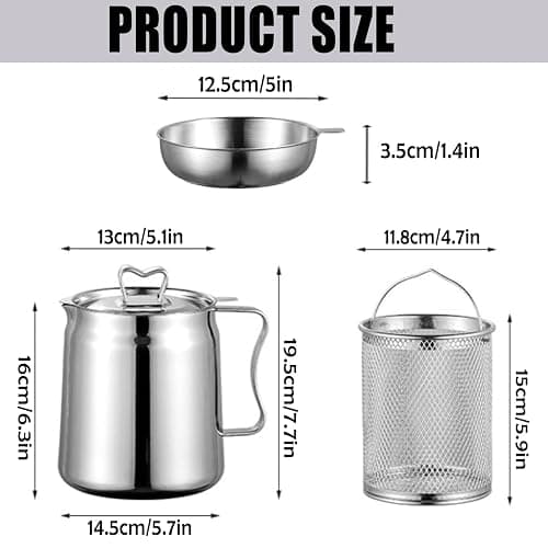 Arshany 2L Grease Container with Strainer, 4 in 1 Large Capacity Oil Container with Strainer Tray, Frying Basket & Lid, Stainless Steel Oil Filter Pot for Storing Cooking Frying Oil & Bacon Grease thumbnail 3