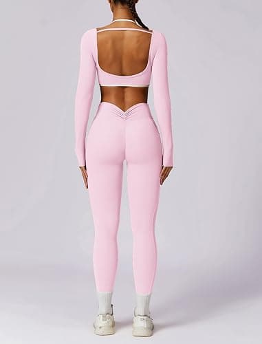 Workout Sets for Women 2 Piece Outfits Seamless High Waist Leggings Yoga Long Sleeve Crop Tops Athletic Gym Sets thumbnail 2