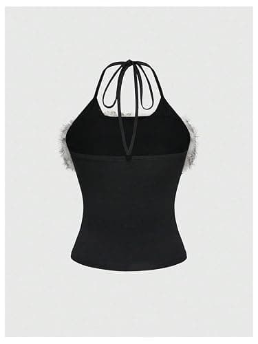 SHENHE Women's Y2K Goth Fuzzy Halter Crop Top Cross Print Backless 2000s Grunge Emo Shirt Tnak thumbnail 2