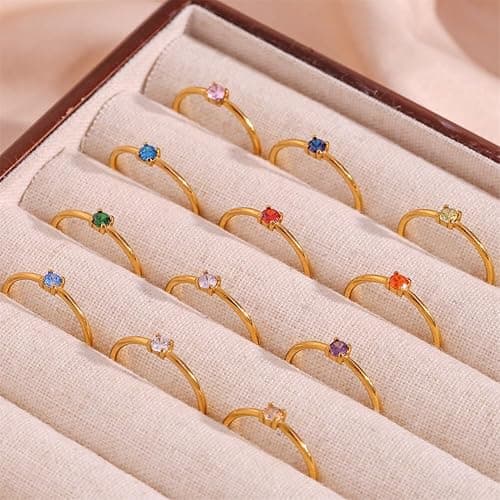 OAKKY Birthstone Rings for Women Stackable Finger Gemstone Gold Plated Cubic Zirconia Circle Colorful Thin Dainty Simple Wedding Engagement Jewelry thumbnail 4