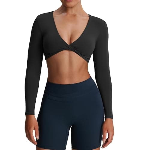Aoxjox Long Sleeve Crop Tops for Women Sienna Twist Deep V Workout Cropped T Shirt Top - Image 1