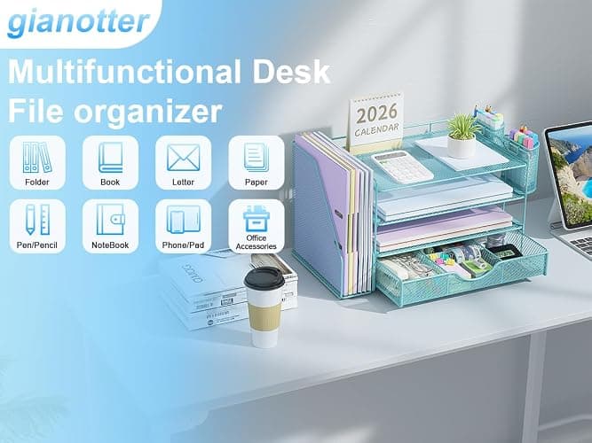 gianotter Desk Organizers and Accessories with File Holder, 4-Tier Desk Accessories & Workspace Organizers with Drawer and 2 Pen Holder, Paper Organizer for Office Supplies (Blue) thumbnail 6