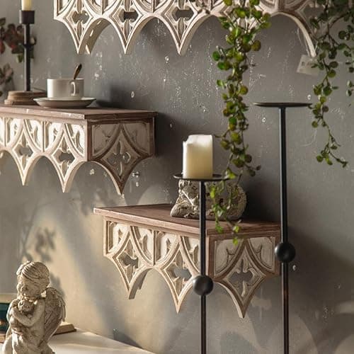 HOLMZCED Retro Wall Shelf with Hollow Carving Patterns, Wood Floating Shelf Decorative Wall Mounted Shelf Vintage Hanging Storage Rack Space Saving for Wall Decoration - Image 1