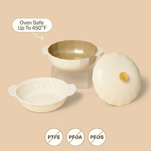 Cravings by Chrissy Teigen The Perfect Pan 5.3 Qt Dutch Oven Pot with Lid, Nonstick Lightweight Aluminum Everyday Pot with Steamer/Strainer Insert, Oven & Stovetop Safe (White) thumbnail 4