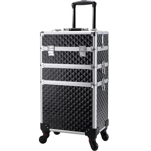 FRENESSA 3 in 1 Rolling Makeup Train Case Professional Cosmetic Trolley Large Storage with Keys Swivel Wheels Salon Barber Case Traveling Cart Trunk for Make Up Hairstylists Nail Tech, Vintage Black thumbnail 8
