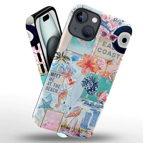 Generic Case Compatible with iPhone 14,Scratch Resistant Hybrid 2-Layer Hard Shell Phone Case,Seashells Beach Summer Jellyfish Collage thumbnail 2