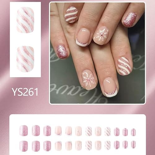 Christmas Press on Nails Short Square Fake Nails Full Cover Snowflake French Tip Glitter Design False Nails Xmas Cute Stick on Nails Winter Acrylic Artificial on Nails for DIY Nail Decoration 24Pcs thumbnail 2