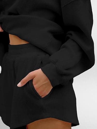 AnotherChill Women's Waffle Knit 2 Piece Lounge Short Sets Cozy Outfits | 95% cotton oversized sweatshirt high-rise shorts, breathable casual comfy matching sets for loungewear spring and fall thumbnail 5
