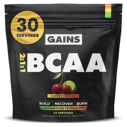 Gains in Bulk BCAA Powder, Pre Workout Plant Based Branch Chain Amino Acids, Gluten Free, Vegan Supplement with Keratin for Endurance & Strength During & Post Workout, Cherry Limeade, 30 Servings - Image 1