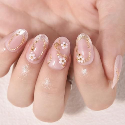 XZMeiLun French Gold Pearl White Flower Press on Nails, Short Round Acrylic Fake Nails Design, Natural Reusable Nails Kit for Women DIY False Nail Art Decoration Gift, Salon Quality Reusable 24 Pcs thumbnail 3