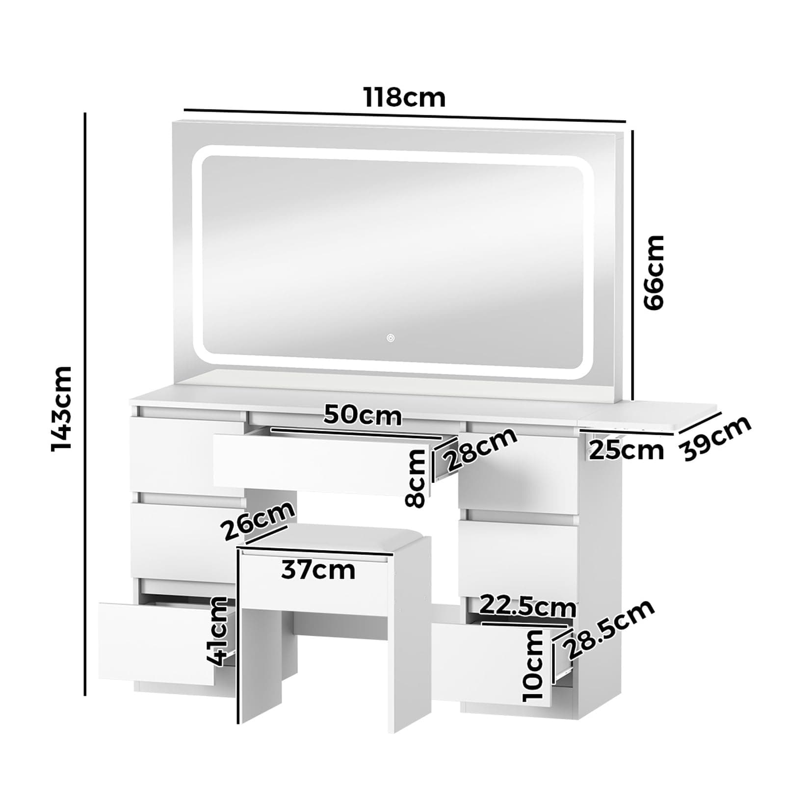 Oikiture Makeup Vanity with LED Light Mirror Dressing Table with 7 Drawers thumbnail 2