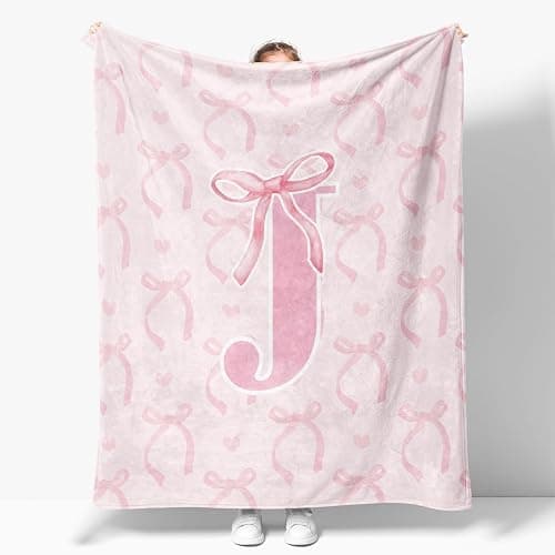 JKMBN Coquette Pink Bow Throw Blanket,Personalized Initial J Soft Fluffy Cozy Flannel Blanket,Monogrammed Gifts for Daughter Women Teen Girls,Customized Blanket for Bedding Bedroom Office,50x60 Inches - Image 1