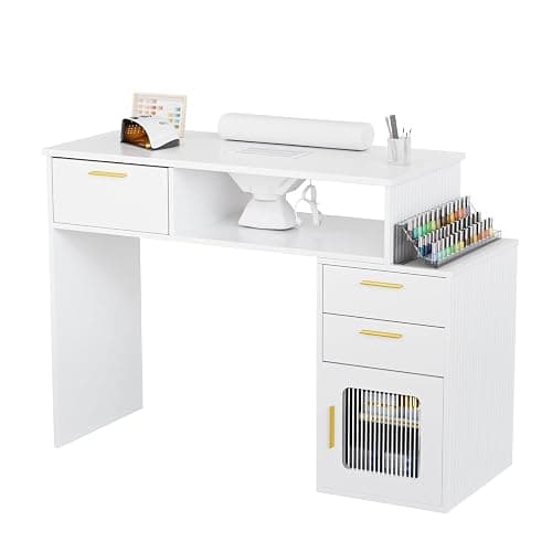 OmySalon Nail Desk with Ribbed Design & Electric Dust Collector - Nail Tech Station with Storage Drawer, Fluted Glass Cabinet & Wrist Cushion for Home Salon & Spa (White) - Image 1