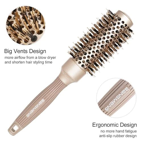 BANGMENG Round Barrel Anti-Static Hair Brush with Boar Bristles, Nano Thermal Ceramic Ionic Tech | For Extra Shine | Protect Hair, Enhance Texture, For Straightening & Drying (1 1/4 inch) thumbnail 4