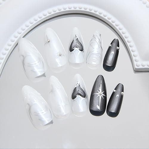 GlamRays 24 Stück Schwarze Katzenaugen Mandel-Falschnägel mit 3D-Kristall-Design, 3D-Nagelkunst, Aufkleber-Nägel,Luxus Wiederverwendbare Falschnägel thumbnail 6