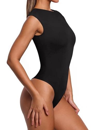 PINKMSTYLE Womens Crew Neck Sleeveless Bodysuit Double Lined Stretchy Fitted Basic Thong Body suit Tank Tops thumbnail 5