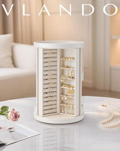 Vlando 360°Rotating Jewelry Box,Earring Organizer Large Vertical Jewelry Organizer with 6 Necklace Hooks, Open Ring Display Storage for Women - Cream White thumbnail 8
