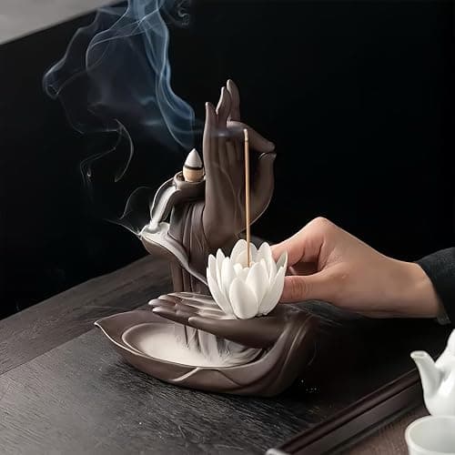 XINGZUAN Lotus Hand Backflow Incense Burner– Ceramic Cones Incense Holder Waterfall Incense Burner & Incense Waterfall Fountain for Zen Decor Backflow Incense Cone Burner thumbnail 2