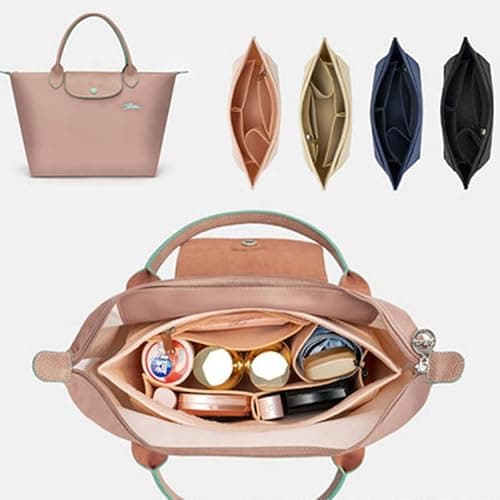Lckaey tote bag organizer insert for Longchamp le pliage large tote insert felt purse zipper bag organizer beige, L/16.5 * 6.7 * 9.8in thumbnail 6