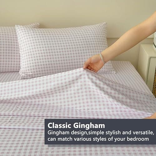 NSNLGSGC Pink Gingham Queen Sheet Set, Soft Brushed Microfiber Plaid Queen Bed Sheets, 4-Pieces Grid Sheet Set with Deep Pocket thumbnail 3