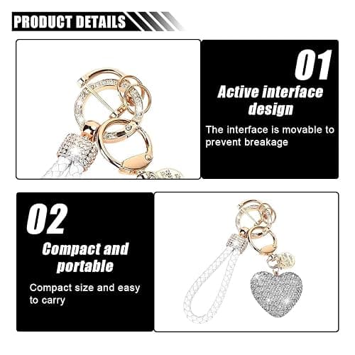LAINLOY Sparkly Car Key Chain, Rhinestones Heart Shape Key Fob Holder for Women, Personalized Christmas Valentine's Day Presents (White) thumbnail 3