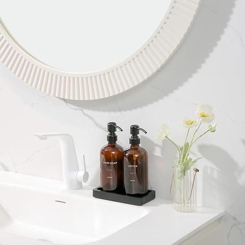 Prus Waso Amber Glass Soap Dispenser Set, Hand Soap and Lotion Set with Black Stainless Steel Pump, Perfect for Modern Bathroom Decor. (Amber) thumbnail 6