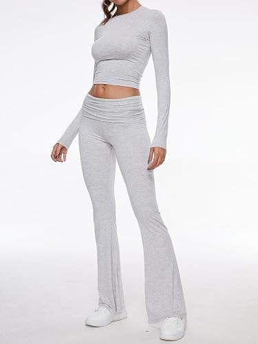 AnotherChill Women's 2 Piece Lounge Sets Fold-over Flare Pants Set Long Sleeve Cropped Top Casual Outfits Pajamas thumbnail 2