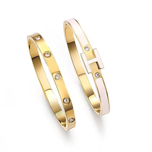 UOOANUO 14K Gold Plated Love and H Bangle Bracelet Stackable Stainless Steel Bracelets Set for Women Trendy Jewelry - Image 1