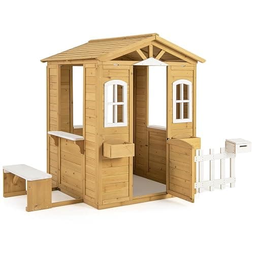Costzon Outdoor Playhouse, Fir Wood Patio Pretend Play Center w/Bench, Mailbox, Fence, Serving Stations, Flowerpot Holders, Windows & Door, Children Play House for 2+ Years Old Kids thumbnail 9