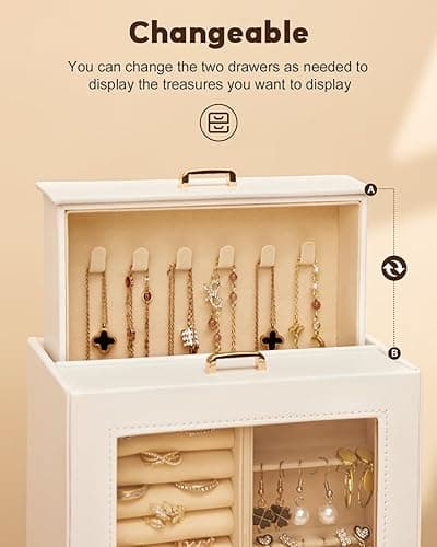 Homde Jewelry Organizer Girls Women Jewelry Box for Necklaces Rings Earrings Gift Bracelets Storage Case (White + Gold) - White + Gold thumbnail 4