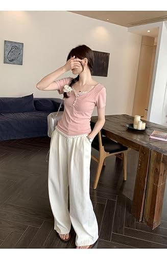 Women Lace Trim Y2K Cute Tshirt Coquette Floral Summer Ribbed Knit Crop Top Fairycore Baby Tees Cottagecore 90s Shirt thumbnail 5