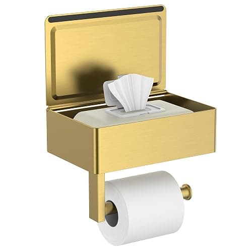 FORIOUS Toilet Paper Holder with Shelf, Wall-Mounted Modern Wipes Dispenser | Brushed Gold | Toilet Paper Holder with Storage for Bathroom | Fits Wipes, Sanitary Napkins, Tampons | 8.0"x5.3" Large Shelf - Image 1