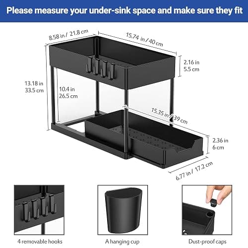 Puricon Lot de 1 Rangement sous Évier à 2 Étages, Organisateur Cuisine avec Tiroirs Amovibles, Rangement Coulissant sous Évier, Organisateur Placard, Étagère, Panier Coulissant pour Cuisine -Noir thumbnail 3