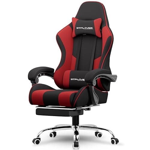 GTPLAYER Gaming Chair, Computer Chair with Footrest and Lumbar Support, Height Adjustable Game Chair with 360°-Swivel Seat and Headrest and for Office or Gaming (RED, Fabric) - Image 1