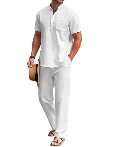 COOFANDY Men's 2 Pieces Cotton Linen Set Casual Short Sleeve Henley Shirts Beach Yoga Pants Summer Outfits - Image 1