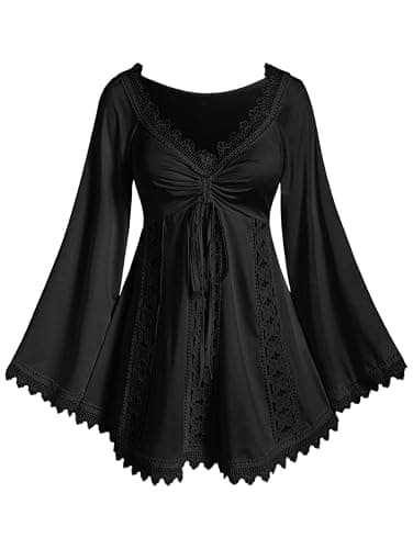 ROSE GAL Women Plus Size Lace Trim Hollow Out Cinched Flare Sleeves T-Shirt Bell Sleeves Renaissance Top - Image 1