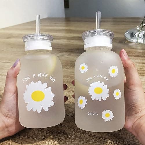 JZSMY 480ml Milk Juice Cute Water Bottle with Scale 2 Lids Little daisy Matte Portable Transparent Water Cup Glass Bottles Creative Handy Cup (1Pcs Six Flowers) thumbnail 6