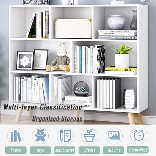 IOTXY Wooden Open Shelf Bookcase - 3-Tier Floor Standing Display Cabinet Rack with Legs, 8 Cubes Bookshelf, Warm White thumbnail 6