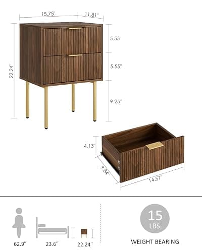 AEPOALUA Nightstand,Morden Bedside Table with Gold Frame,Small Night Stand,End Table,Bedside Furniture,Side Table with Drawer and Shelf for Bedroom,Living Room (2Drawers, Walnut Brown) thumbnail 2