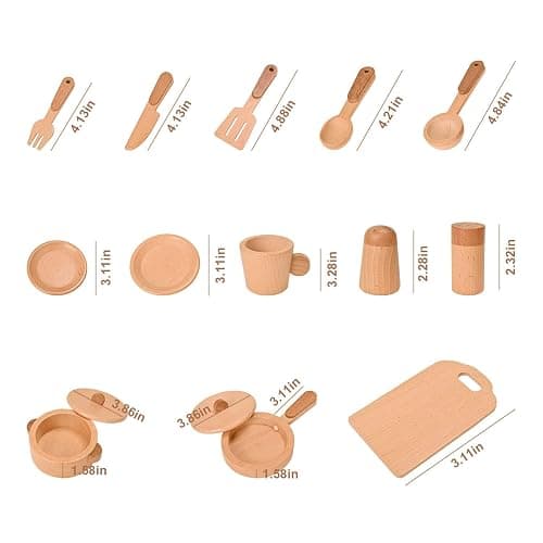 MONT PLEASANT Play Kitchen Accessories Montessori Wooden Toys | Kids Kitchen Set Cookware Plates Dishes Pots Pans Cooking Playset 15pcs Sensory Toys for Toddlers Girls Boys With Storage Bag thumbnail 3
