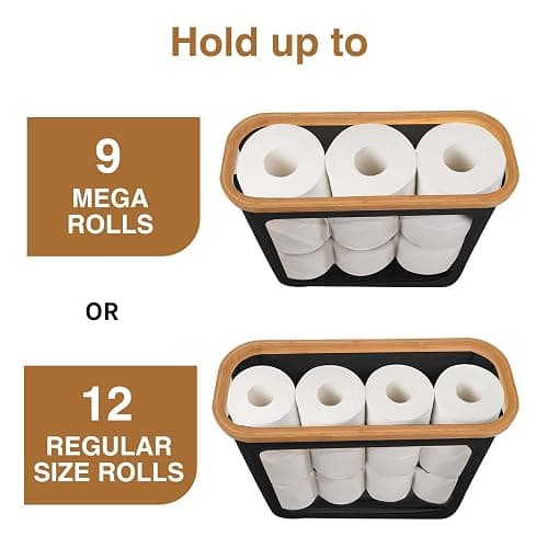 WRRLORS Toilet Paper Storage with Bamboo Lid,Black Foldable Basket | for Bathroom ,Holds 9 Mega/12 Regular Rolls,Waterproof Toilet Paper Holder Storage with Non-Slip Base,Black thumbnail 3