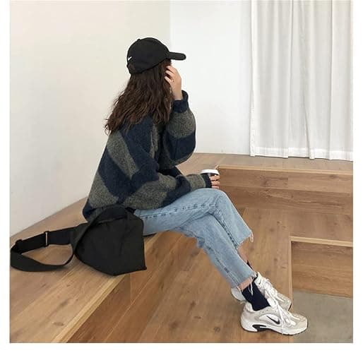 CENLLE Winter 90s Grunge Aesthetic Streetwear Sweater Retro Y2k Vintage Gothic Loose Women Knit Pullover Striped Jumper - One Size - Blue07 thumbnail 2