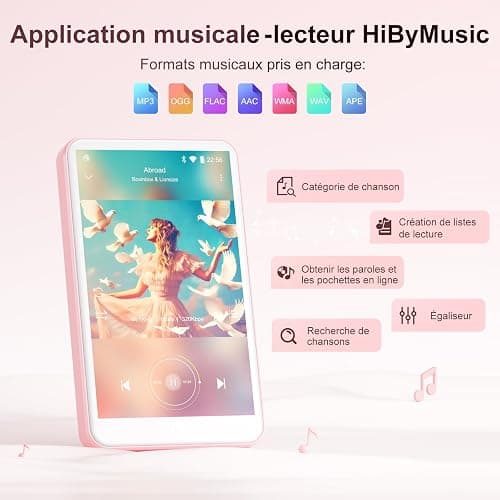 Lecteur MP3 avec Bluetooth et WiFi, Oilsky 80Go Lecteur de Musique Mp3 et Mp4, Lecteur à écran Tactile 4 Pouces 1080P, Lecteur Spotify Android (Rose) thumbnail 2