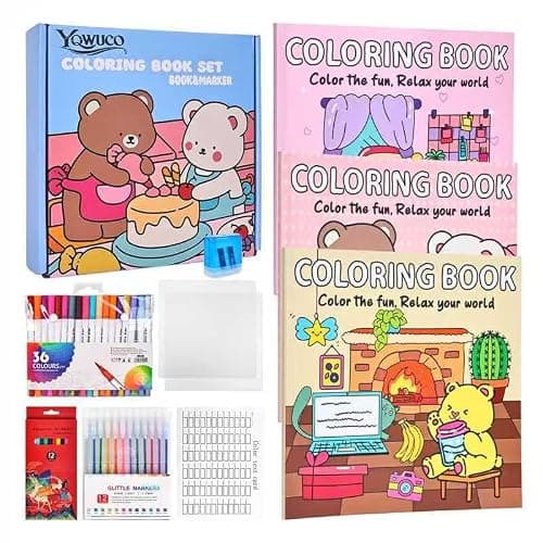 Coloring Book Set for Adults and Teens,3 PacK Easy and Simple Designs Coloring Set,Stress Relief Gifts with 36 Colors Markers &12 Pcs Glitter Markers &12 pcs Colored Pencils for adults Relaxation - Image 1