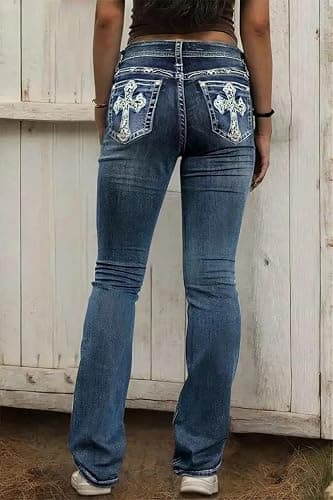 Flamingals Embroidered Bootcut Jeans for Women Mid Rise Stretchy Criss Cross Graphic Curvy Bell Bottom Jeans thumbnail 2
