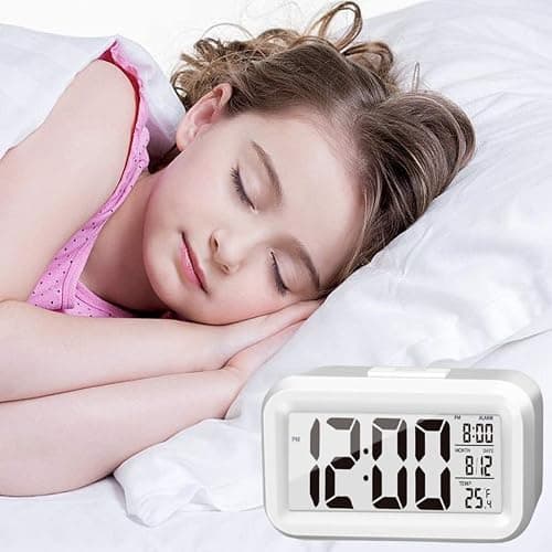 KAIJIELY Upgraded Digital Alarm Clock, 4.3" LED Display with Temperature Larger Lound Light Control Portable Snooze Calendar Brightness with Battery Powered Alarm Clocks Bedside for Everyone (White) thumbnail 8