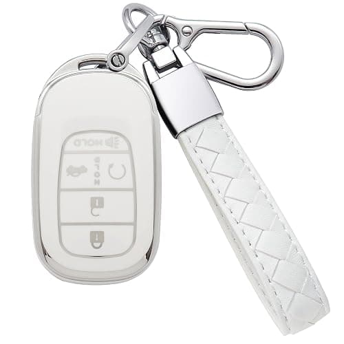 Kespevn for Honda Key Fob Cover 5 Button Soft TPU with Leather Keychain 360 Degree Protection Key Case Shell Holder Fits for 2022 2023 2024 Honda Accord Civic HR-V CR-V Pilot Odyssey, B White - Image 1