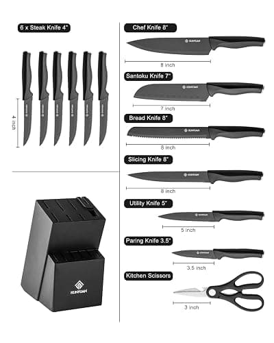 Knife Set, KUNYUAN 15 pieces Knife Sets for Kitchen,High Carbon German Stainless Steel Knife Block Set with Built in Sharpener Block,Dishwasher Safe Kitchen Knife Set, Black thumbnail 3