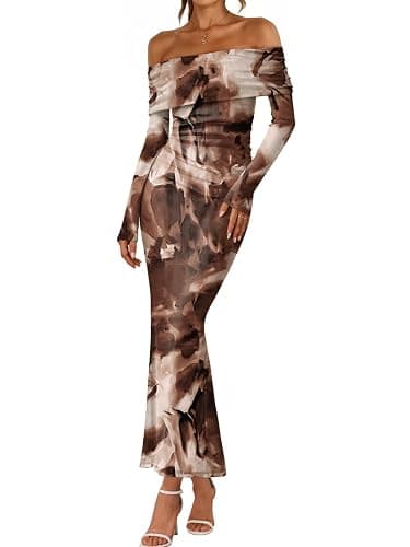 LILLUSORY Off The Shoulder Bodycon Floral Dress 2025 Fall Long Sleeve Maxi Wedding Guest Cocktail Going Out Club Dresses - Image 1